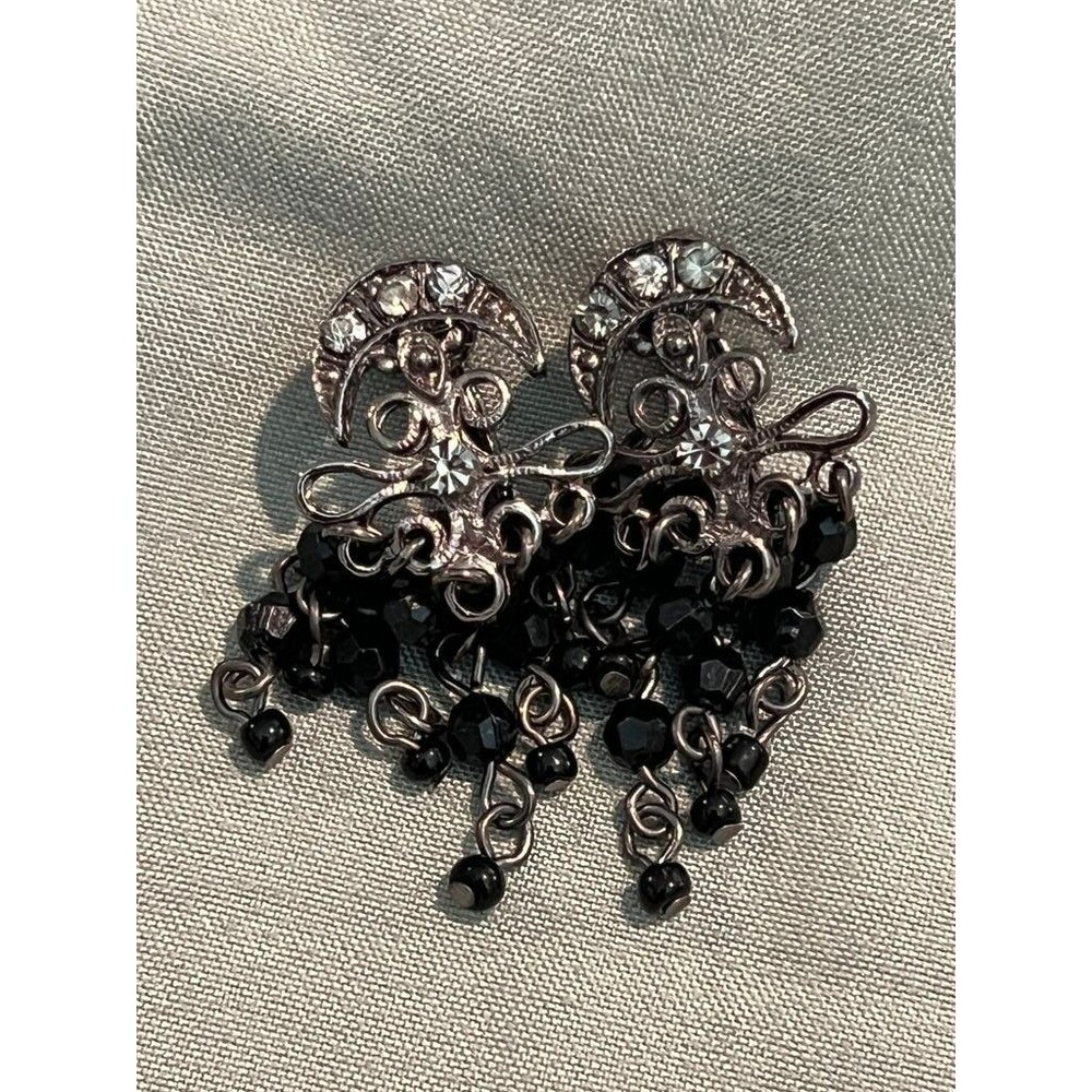 Vintage Black Beaded Rhinestone Crescent Clip-On Dangle Earrings